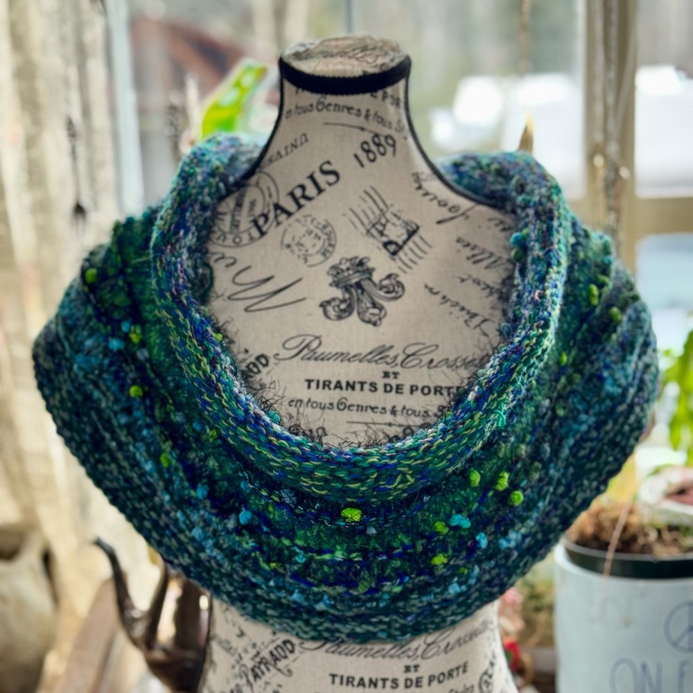 Premium Wool Infinity Scarf —Witchy Ocean Blues•4-Strand Hand Knit•One-of-a-Kind